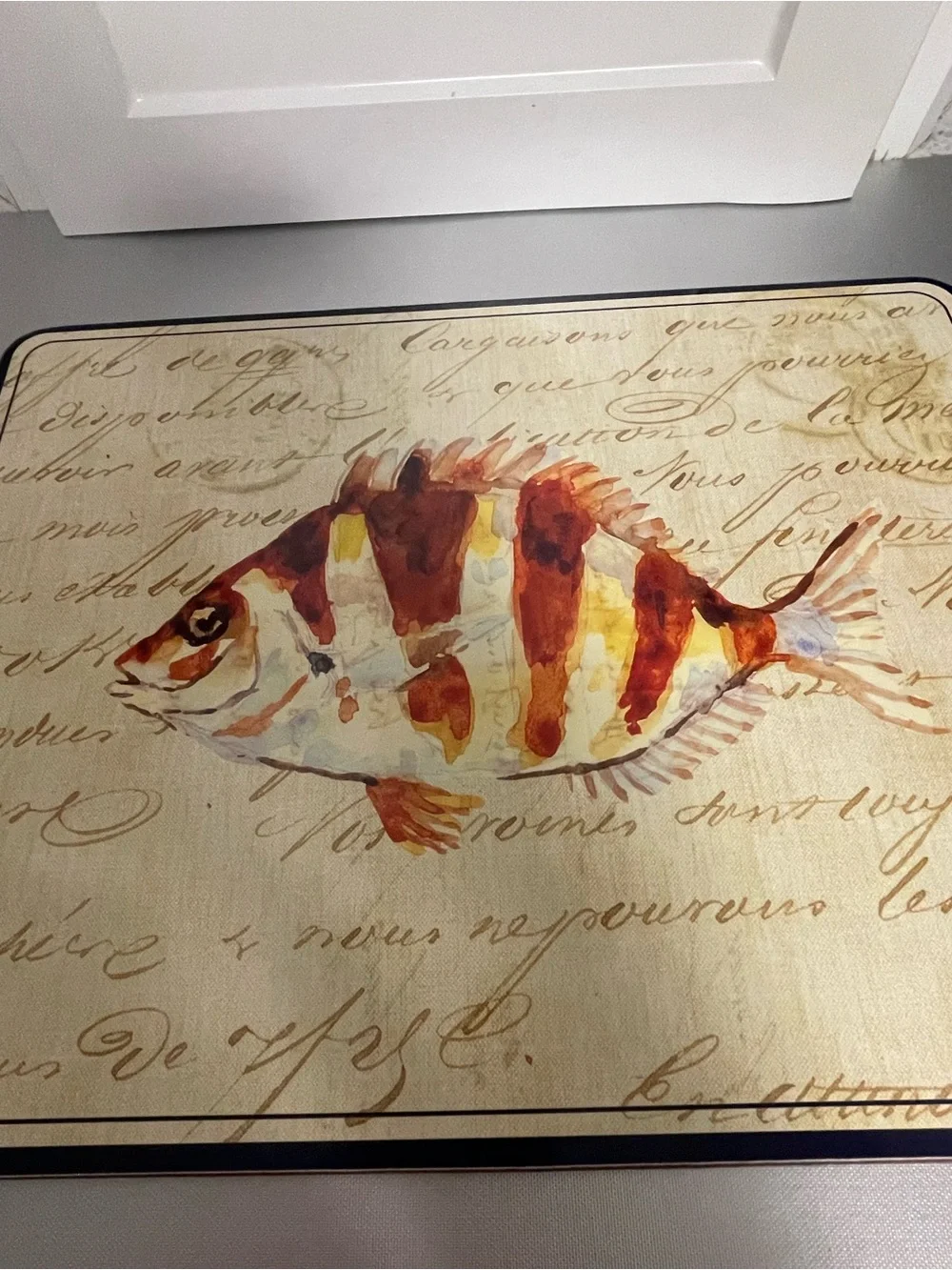 Williams Sonoma La Mer Cork Brown Fish  Placemat Theme 16x12 Like New Blue Trim